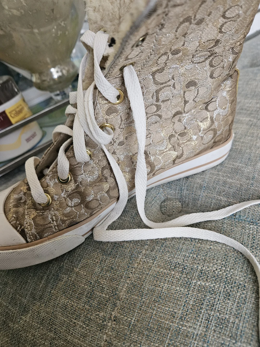 Coach Metallic Gold Monogram High-Top Sneaker with Shearling Collar